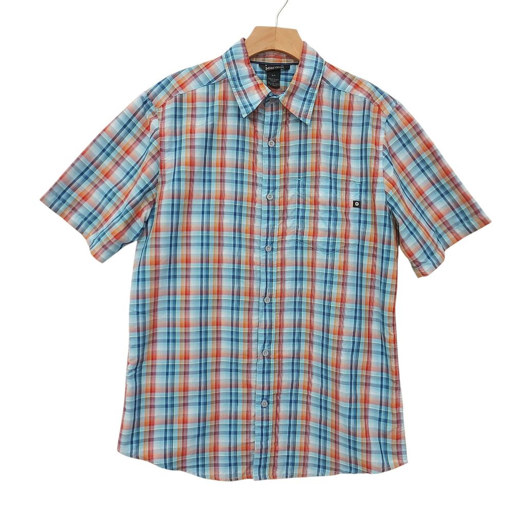 Marmot Mens Small Blue Plaid Lightweight Short Sleeve Outdoor Travel Shirt